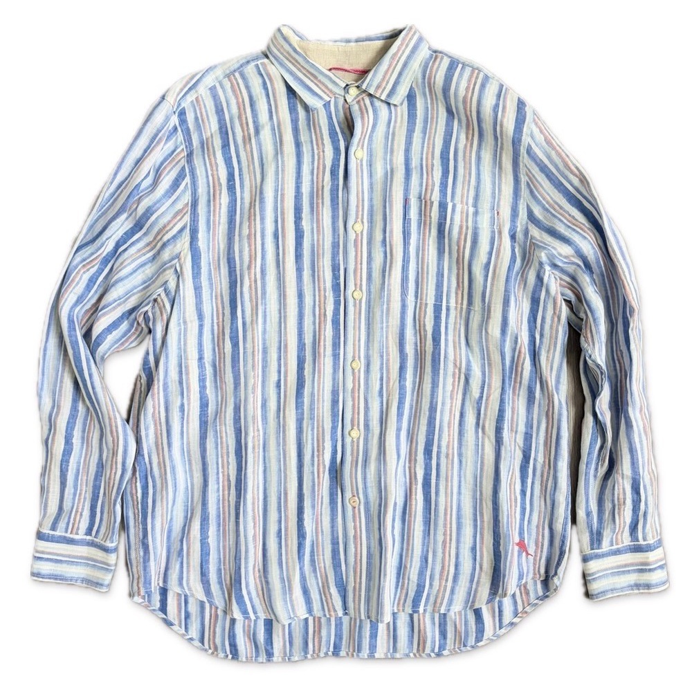 Tommy Bahama100% Linen Multicolor Stripe Shirt Long Sleeve Men's Size XL Blue